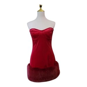 Johnny Wujek JCPenney Red‎ Strapless Mini Dress Size 11 Faux Fur Hem Y2K Glam